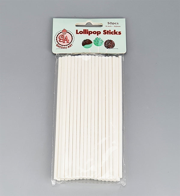 WHITE 6INCH PAPER LOLLIPOP STICKS - 50PK