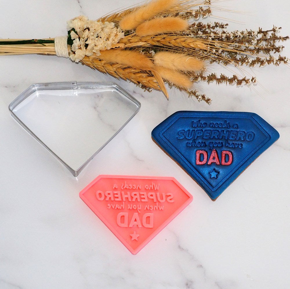 Stamp Set - Superhero Dad Emboss 3D Printed Cookie Stamp + Stainless Steel Cookie Cutter