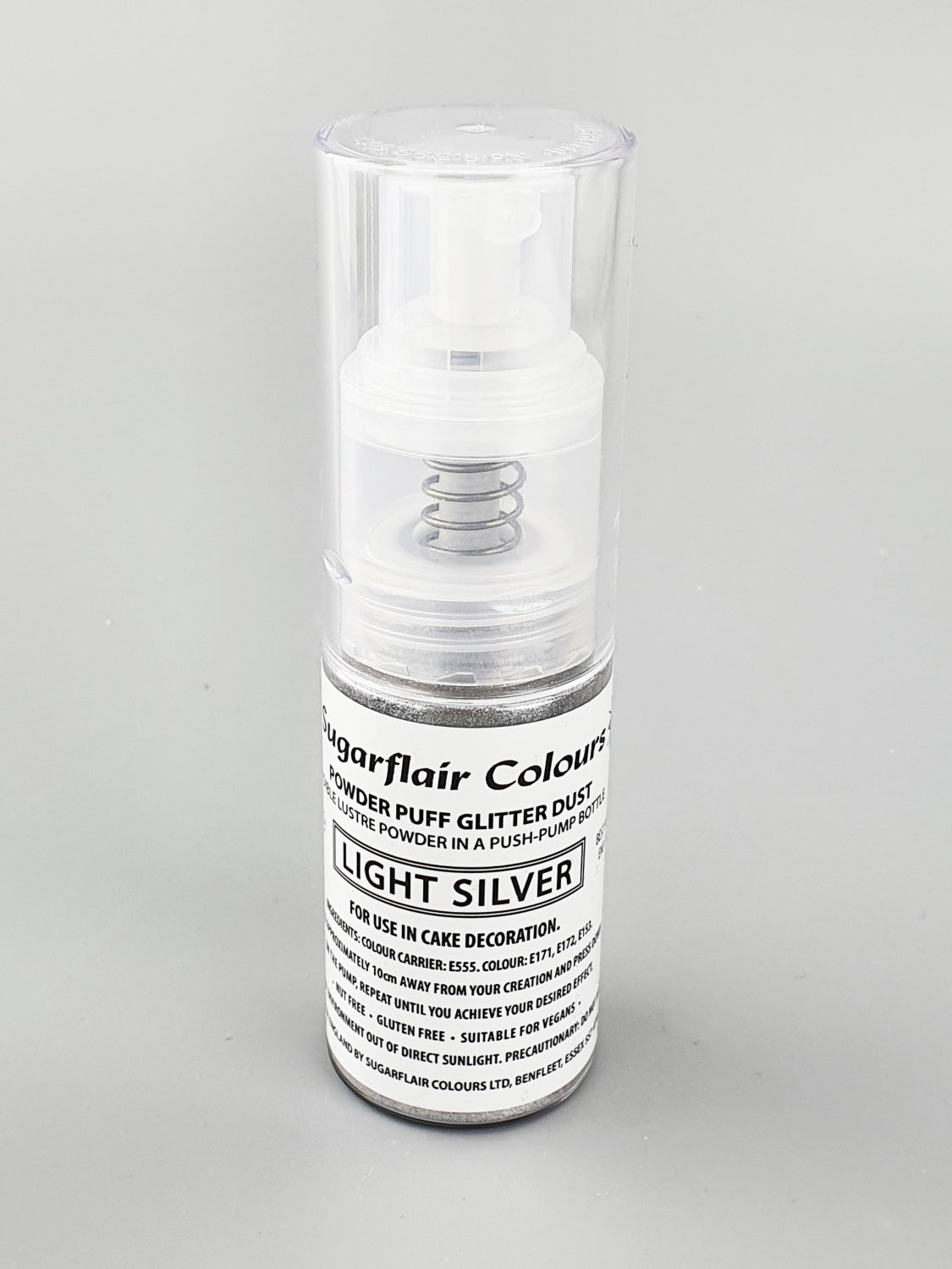 POWDER PUFF GLITTER DUST LIGHT SILVER - SUGARFLAIR PUMP SPRAY - 10G
