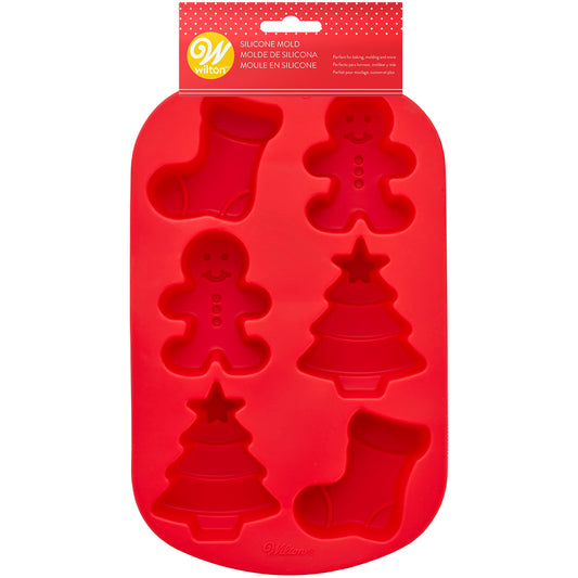 Wilton Six Hole Mini Stocking Gingerbread Boy and Tree Silicone Mould