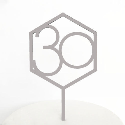 Number 30 Hexagon Cake Topper - Silver Mirror