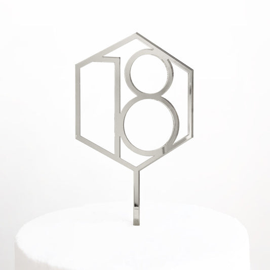 Number 18 Hexagon Cake Topper - Silver Mirror