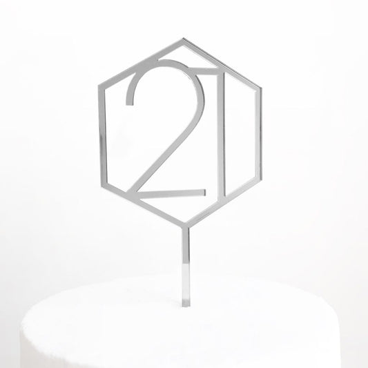 Number 21 Hexagon Cake Topper - Silver Mirror