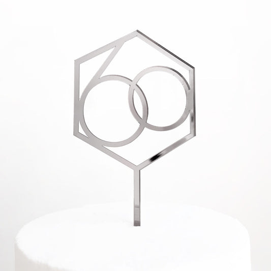 Number 60 Hexagon Cake Topper - Silver Mirror