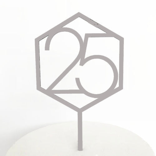 Number 25 Hexagon Cake Topper - Silver Mirror