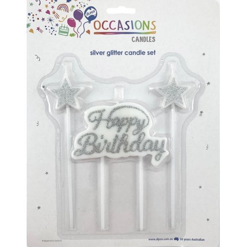 Happy Birthday Candle Plaque + Stars Glitter Silver 1 Set