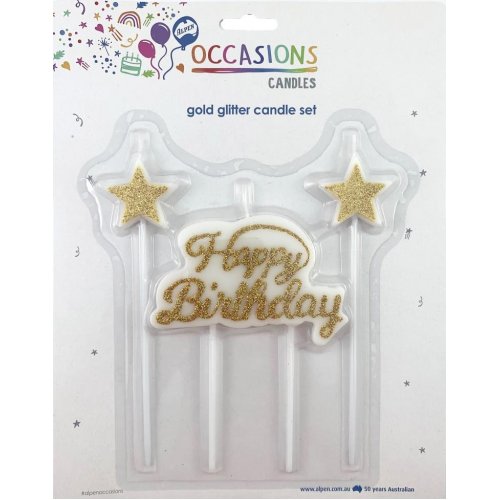 Happy Birthday Candle Plaque + Stars Glitter Gold 1 Set