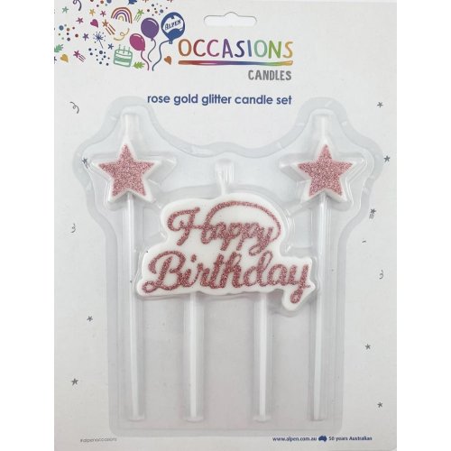 Happy Birthday Candle Plaque + Stars Glitter Rose Gold 1 Set
