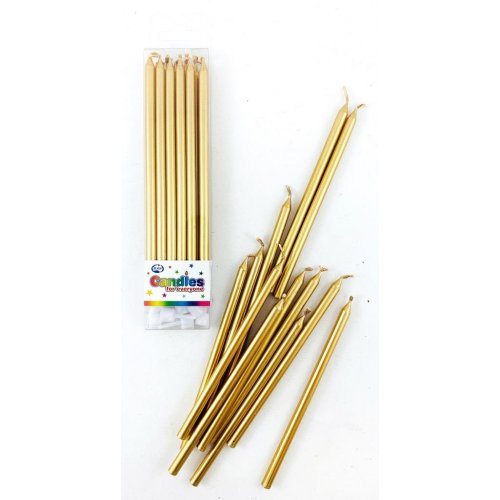Gold Metallic Slim Candles 120mm with Holders Box12
