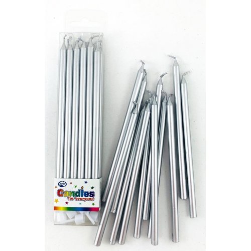 Silver Metallic Slim Candles 120mm with Holders Box12