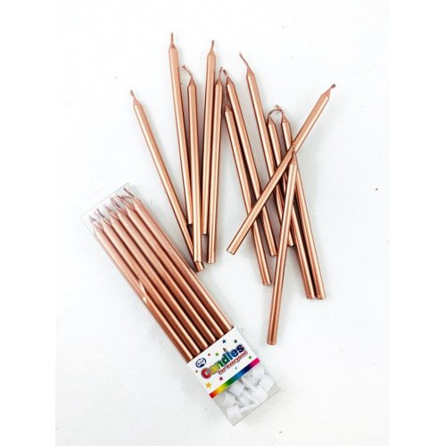Rose Gold Metallic Slim Candles 120mm with Holders Box12
