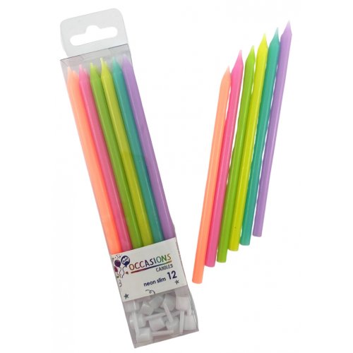 Neon Bright Slim Candles 120mm with Holders Box12