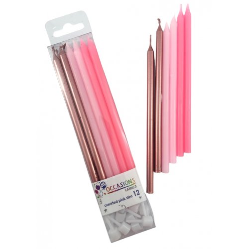 Pinks & Metallic Slim Candles 120mm with Holders Box12