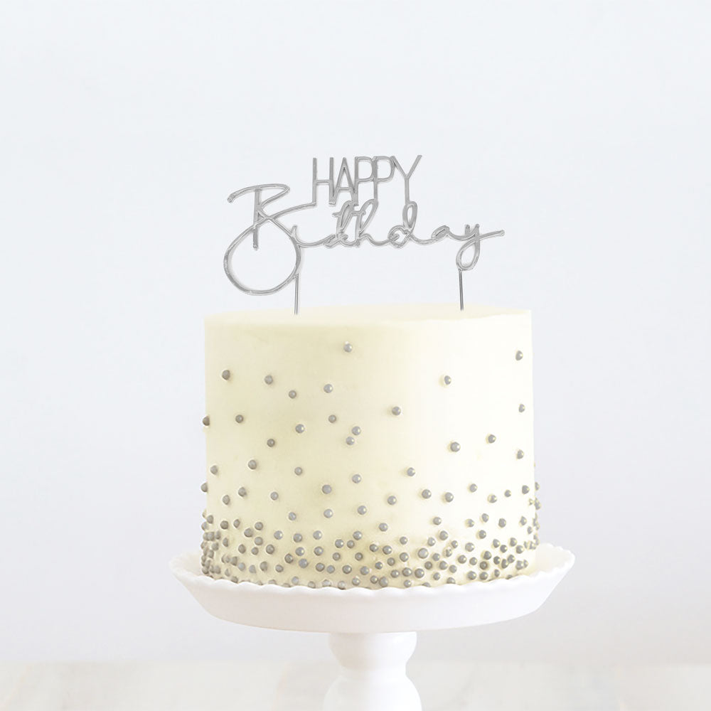 SILVER METAL CAKE TOPPER - HAPPY BIRTHDAY