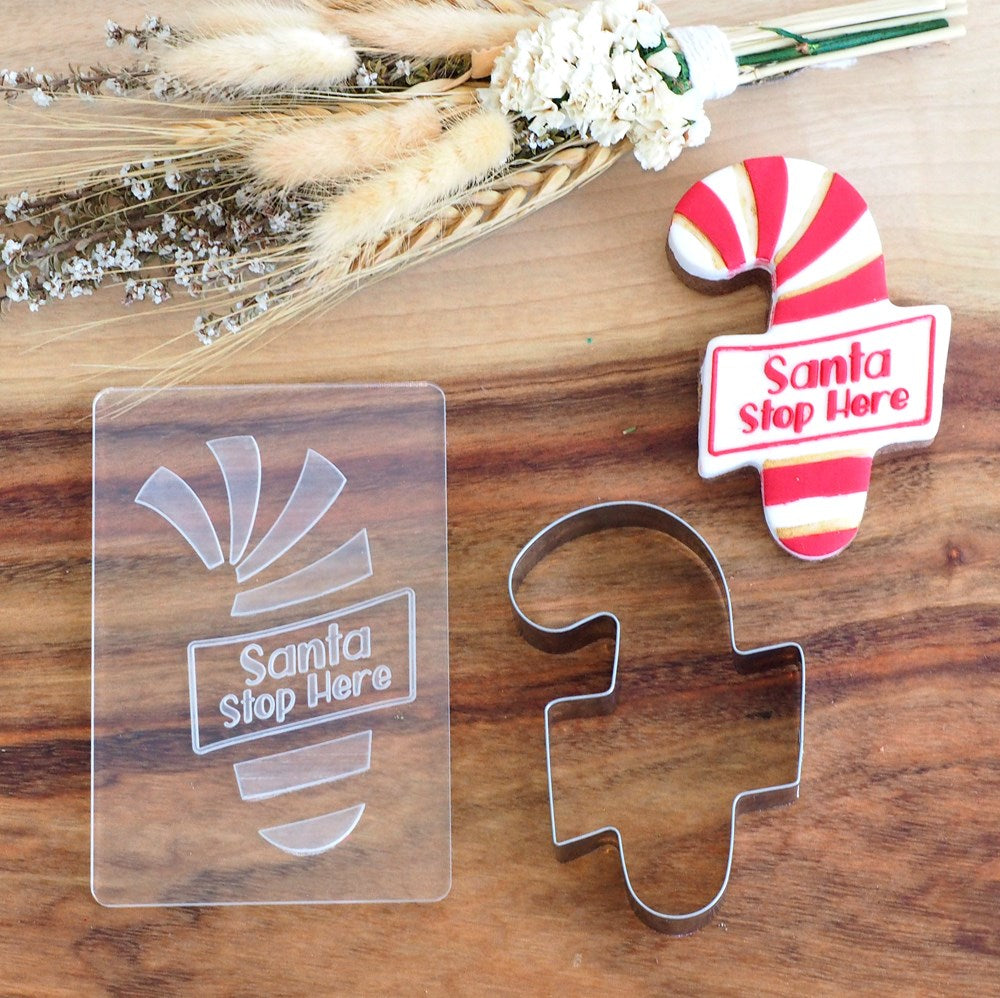 Stamp Set - Candy Cane with Sign Raise It Up / Deboss Cookie Stamp + Stainless Steel Cookie Cutter