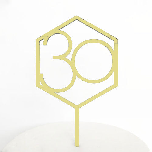 Number 30 Hexagon Cake Topper - Gold Mirror