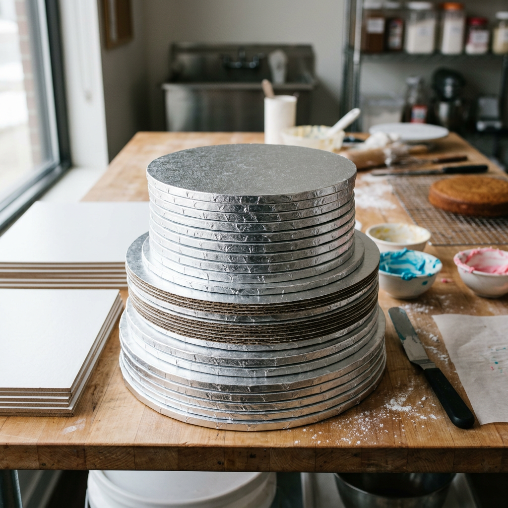 Stacked cake boards on a wooden cake decorating worktable